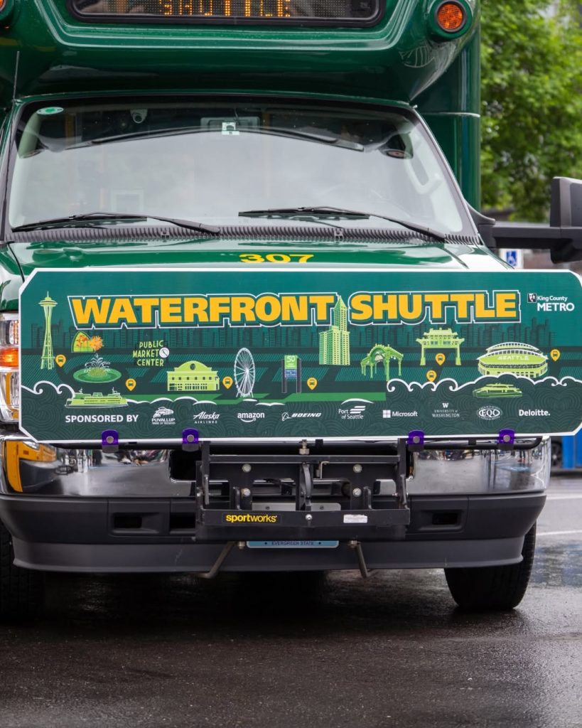 A Metro bus with 'Waterfront Shuttle" on the front