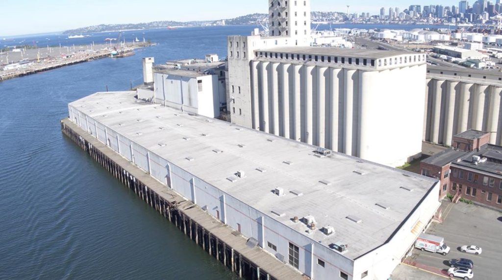 Aerial shot of the exterior of Harbor Island Studios